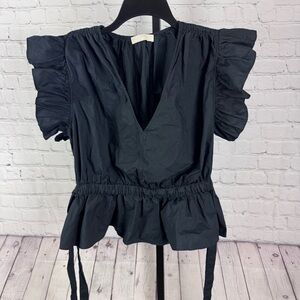 Ulla Johnson Iyla Ruffle V-Neck Blouse Classic Black Adjustable Ties Size 12